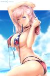  1girl american_flag_bikini asymmetrical_hair bangs bare_shoulders bikini blue_eyes blue_sky blush breasts bun_cover cleavage cloud collarbone day eyebrows_visible_through_hair fate/grand_order fate_(series) flag_print holding holding_hair large_breasts long_hair looking_at_viewer miyamoto_musashi_(fate/grand_order) miyamoto_musashi_(swimsuit_berserker)_(fate) mouth_hold multi-strapped_bikini navel outdoors paid_reward patreon_reward patreon_username pink_hair rei_kun ribbon ribbon_in_mouth signature sky solo swept_bangs swimsuit thighs untied untied_bikini wet 