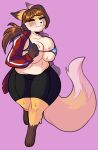  allysia_(killy) anthro belly big_breasts bikini bikini_top blush bodily_fluids bottomwear breast_squish breasts canid canine clothing curvy_figure digital_media_(artwork) female fox hair jogging mammal ponytail satanickpaws shorts simple_background slightly_chubby solo squish sweat swimwear thick_thighs tight_top track_jacket wide_hips 