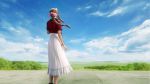  1girl aerith_gainsborough blue_sky bow bracelet braid braided_ponytail brown_hair cropped_jacket dress english_commentary final_fantasy final_fantasy_vii final_fantasy_vii_remake from_behind hair_bow highres jacket jewelry mountainous_horizon official_art pink_bow pink_dress red_jacket sky solo square_enix tree 