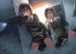  2girls black_hair brown_eyes dreadtie gloves gun jpeg_artifacts original school_uniform short_hair signed skirt thighhighs weapon 