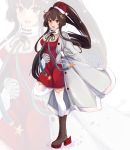  1girl alternate_costume boots brown_footwear brown_hair cake_no_shaberu dress full_body fur-trimmed_hat gloves grey_coat grey_gloves hair_ornament hat highres kantai_collection long_hair long_sleeves multiple_views ponytail red_dress red_headwear rudder_footwear santa_dress santa_hat sidelocks solo standing standing_on_one_leg star star_hair_ornament thighhighs very_long_hair white_legwear yamato_(kantai_collection) 