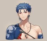 1boy blue_hair chest_tattoo closed_mouth collarbone cu_chulainn_(fate)_(all) earrings expressionless fate/grand_order fate_(series) grey_background hair_strand highres jewelry kmk lancer looking_at_viewer male_focus neck necklace red_eyes simple_background single_bare_shoulder solo tattoo 