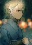  1boy bangs blonde_hair blurry bokeh depth_of_field eyeshadow flower hair_behind_ear hair_flower hair_ornament hairclip hunter_x_hunter japanese_clothes jewelry kanzashi kimono kurapika looking_away makeup male_focus obi roraco sash sketch solo upper_body white_flower yellow_eyes 