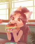  absurd_res anthro brown_eyes brown_hair burger camisole canid canine chair cheek_tuft cheese chromatic_aberration clothing cub dairy_products eating egg facial_tuft female food fox fur furniture hair ham hi_res holding_food holding_object inner_ear_fluff inside itaki. kemono lettuce mammal meat onion open_mouth plant plate pork signature sitting solo table tongue tuft vegetable young 