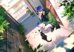  1boy arisugawa_dice beads blurry bowl bread cat day depth_of_field door dutch_angle eating food from_side fur_trim gpnet green_jacket hair_over_one_eye highres hypnosis_mic jacket long_sleeves looking_at_viewer looking_to_the_side male_focus milk_carton outdoors pants pet_bowl plant plastic_wrap potted_plant red_eyes shade shadow shoes short_hair_with_long_locks squatting v-neck 