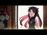  1girl bangs beppu_mitsunaka black_hair breasts commentary_request eyebrows_visible_through_hair fate/grand_order fate_(series) flower ishtar_(fate/grand_order) long_hair looking_at_viewer multicolored_hair parted_bangs red_eyes red_flower red_hair red_rose ribbon rose smile solo space_ishtar_(fate) two-tone_hair two_side_up white_flower white_rose 