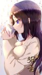  1girl akira_teacher blush breast_press breasts brown_hair brown_sweater cleavage coffee coffee_mug commentary_request cup drinking flying_sweatdrops from_side gradient_hair highres holding holding_cup large_breasts long_hair long_sleeves looking_at_viewer mug multicolored_hair original profile purple_eyes purple_hair sweater tears translation_request upper_body 