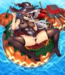 1girl azur_lane bare_shoulders breasts corset floating food frills halloween hat highres inflatable_toy large_breasts lips long_hair looking_at_viewer looking_up lucknight nail_polish pasties prinz_eugen_(azur_lane) see-through silver_hair solo spread_legs sunglasses sweets thighhighs torpedo turret water witch_hat yellow_eyes 
