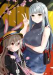  2girls alternate_costume alternate_universe animal_ears backpack bag be_garam brown_eyes bunny_ears cherry_blossoms commentary_request cravat earrings eyebrows_visible_through_hair girls_frontline green_eyes grey_hair hat highres hk416_(girls_frontline) jewelry mother_and_daughter multiple_girls petals pout school_hat silver_hair smile sweater ump45_(girls_frontline) v younger 