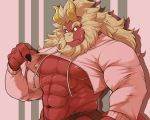  2018 beard big_muscles clothing demon eyebrows facial_hair gardie_(otukimi) hair hi_res hoodie horn male meme muscular muscular_male nipples othukimi pink_nipples red_body red_skin solo standing tan_hair thick_eyebrows tight_clothing topwear twitter_hoodie yellow_horn 