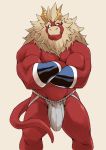  2017 beard big_muscles clothed clothing crossed_arms demon eyebrows facial_hair gardie_(otukimi) hair hi_res horn jockstrap looking_at_viewer male muscular muscular_male othukimi red_body red_skin simple_background solo standing tan_hair thick_eyebrows topless underwear white_background wristband 