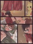  2boys black_eyes black_hair black_shirt blush brown_eyes brown_hair jacket kakeru_(pokemon) kiss lying male_focus multiple_boys no_hat no_headwear pikachu pokemon pokemon_(game) pokemon_lgpe saliva shin_(pokemon) shirt short_hair short_sleeves stuffed_toy turtleneck yaoi 