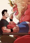  2017 beard big_muscles black_hair bottomwear clothing demon duo erection eyebrows eyes_closed facial_hair feeding food gardie_(otukimi) hair hi_res horn human kohei_(otukimi) male male/male mammal muscular muscular_male open_mouth othukimi pants penis pocky red_body red_skin shirt simple_background size_difference t-shirt tan_hair thick_eyebrows tongue tongue_out topwear veiny_muscles white_background wristband yellow_horn 