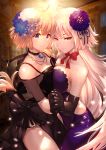  2girls absurdres ahoge bangs bare_shoulders black_choker black_dress black_gloves blonde_hair blue_eyes blurry braid breast_press breasts choker closed_mouth commentary_request contemporary depth_of_field dress elbow_gloves eyebrows_visible_through_hair fate/grand_order fate_(series) flower flower_request from_side gloves hair_between_eyes hair_flower hair_ornament highres holding_hands indoors interlocked_fingers jeanne_d&#039;arc_(alter)_(fate) jeanne_d&#039;arc_(fate) jeanne_d&#039;arc_(fate)_(all) large_breasts light_smile lips long_braid long_hair multiple_girls nakanishi_tatsuya neck_ribbon purple_dress red_ribbon ribbon see-through shiny shiny_clothes shiny_hair side_slit silver_hair single_braid tsurime very_long_hair yellow_eyes 