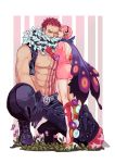  1boy 1girl abs artist_name bare_arms bare_chest bare_shoulders belt boots bug butterfly charlotte_katakuri chest chest_tattoo closed_mouth covered_mouth dress flipped_hair flower full_body gauntlets hand_on_own_thigh hand_rest headphones height_difference highres insect k164 light_smile lips long_sleeves looking_at_another messy_hair muscle nipples one_eye_closed one_knee one_piece open_clothes open_vest pants pectorals pink_dress pink_hair red_hair scar scarf scarf_over_mouth short_dress short_hair sitting spikes spurs standing standing_on_one_leg stitches stomach_tattoo tattoo tiptoes very_short_hair vest vinsmoke_reiju 
