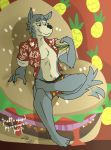  2019 absurd_res aloha_shirt anthro beastars bottomwear burger canid canine canis clothed clothing fingers food fruit fur hair hi_res holding_object legosi_(beastars) male mammal navel pineapple plant scar shirt smile solo sylvanedadeer topwear tuft underwear wolf 