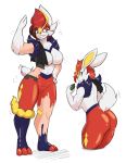  2019 absurd_res anthro big_breasts blush bodily_fluids breasts buckteeth butt cinderace featureless_breasts female fur hand_on_hip helixjack hi_res lagomorph mammal nintendo pok&eacute;mon pok&eacute;mon_(species) red_eyes simple_background smile solo standing sweat teeth transformation video_games white_background white_body white_fur 