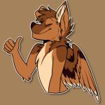  1:1 2019 angiewolf anthro brown_background brown_body brown_feathers brown_fur canid canine canis digital_media_(artwork) domestic_dog eyes_closed feathered_wings feathers fur male mammal reaction_image simple_background smile solo wings 