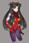  1girl bangs black_hair blue_eyes bodysuit closed_mouth cosplay cowboy_shot cropped_legs evangelion:_3.0_you_can_(not)_redo fate/stay_night fate_(series) gloves grey_background hand_on_hip highres kmk long_hair looking_at_viewer neon_genesis_evangelion parted_bangs plugsuit rebuild_of_evangelion red_gloves shikinami_asuka_langley shikinami_asuka_langley_(cosplay) simple_background smile solo souryuu_asuka_langley toosaka_rin two_side_up 