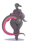  2019 anthro bedroom_eyes big_breasts blush breasts butt female half-closed_eyes hi_res huge_breasts looking_at_viewer looking_back mleonheart nintendo nude pok&eacute;mon pok&eacute;mon_(species) rear_view reptile salazzle scalie seductive simple_background smile solo standing video_games white_background 