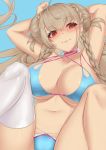 1girl absurdres ahoge alternate_costume apj arm_behind_head arm_up armpits azur_lane bangs bikini blue_background blue_bikini blush braid breasts choker cleavage double_bun eyebrows_visible_through_hair formidable_(azur_lane) formidable_(the_lady_of_the_beach)_(azur_lane) highres large_breasts long_hair looking_at_viewer navel red_eyes sidelocks simple_background single_thighhigh solo swimsuit thighhighs thighs very_long_hair wet 