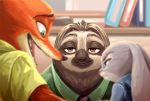  2018 ailu_h0 annoyed anthro being_watched brown_eyes canid canine clothing disney female fox fur green_eyes group half-closed_eyes inside judy_hopps lagomorph long_ears looking_at_another male mammal necktie nick_wilde open_mouth pilosan shirt sloth smile topwear xenarthran zootopia 