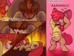  4:3 apple_bloom_(mlp) bodily_fluids bow chimera_(mlp) comic crossgender crying cum equid equine fire forced friendship_is_magic genital_fluids glistening grasping hi_res horse hybrid impregnation mammal my_little_pony penetration pony pregnant rape shocked signature simple_background stakota tears text unwanted_cumshot vaginal young 