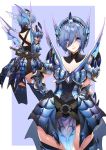  1girl armor armored_dress blue_eyes blue_hair blush breasts cleavage highres lips monster_hunter monster_hunter:_world short_hair solo sptuel sword weapon 