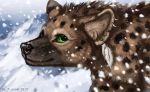  2019 black_nose brown_body brown_fur digital_media_(artwork) flashw fur green_eyes hyaenid looking_at_viewer mammal smile snow snowing spotted_hyena 