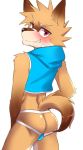  anthro band-aid bandage blush bulge butt canid canine clothing fox hi_res jockstrap male mammal manadezimon seductive simple_background solo topwear underwear vest white_background young 