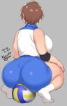 1girl agawa_ryou ass blue_shorts breasts brown_eyes brown_hair commentary curvy dated elbow_pads english_commentary from_behind full_body grey_background huge_breasts looking_to_the_side no_shoes original pants shirt short_hair shorts signature single_elbow_pad sitting_on_ball sleeveless sleeveless_shirt socks solo sportswear squatting thick_thighs thighs tight tight_pants tomboy volleyball volleyball_uniform 