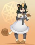  2019 anthro barefoot bell bell_collar breasts clothing collar dress felid female fur hi_res mammal meowth nintendo open_mouth pawpads pok&eacute;mon pok&eacute;mon_(species) simple_background smile solo standing tan_body tan_fur thenornonthego video_games whiskers 