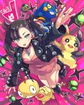  1girl absurdres black_hair black_jacket black_nails blue_eyes choker croagunk crossed_arms dress dusk_ball ear_piercing highres jacket mary_(pokemon) morpeko piercing pink_dress poke_ball pokemon pokemon_(game) pokemon_swsh scraggy tdnd-96 twintails 