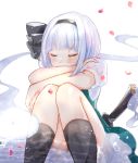  1girl bangs black_hairband black_legwear black_ribbon bloomers closed_eyes commentary crying eyebrows_visible_through_hair green_skirt green_vest hair_ribbon hairband highres katana knees_up konpaku_youmu konpaku_youmu_(ghost) moko_(3886397) petals puffy_short_sleeves puffy_sleeves ribbon shirt short_sleeves silver_hair sitting skirt socks solo sword tears touhou underwear vest weapon white_background white_bloomers white_shirt 