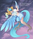  2018 anthro articuno avian beak blonde_hair blue_body blue_feathers breasts cloud dialogue feathers female hair hi_res legendary_pok&eacute;mon naturally_censored navel nintendo nude open_mouth pok&eacute;mon pok&eacute;mon_(species) red_eyes solo star surprise talons thenornonthego transformation video_games 