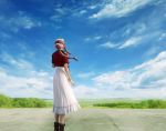  1girl absurdres aerith_gainsborough blue_sky bow bracelet braid braided_ponytail brown_hair cropped_jacket dress english_commentary final_fantasy final_fantasy_vii final_fantasy_vii_remake from_behind hair_bow highres jacket jewelry mountainous_horizon official_art pink_bow pink_dress red_jacket sky solo tree 