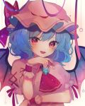  1girl arm_across_waist arms_up bangs bat_wings blouse blue_hair blush breasts brooch chikuwa_(tikuwaumai_) cravat elbow_on_arm eyebrows_visible_through_hair fang gradient gradient_background hat hat_ribbon head_on_hand head_tilt highres jewelry light_particles looking_at_viewer mob_cap open_mouth pink_background pink_blouse pink_headwear puffy_short_sleeves puffy_sleeves red_eyes red_neckwear remilia_scarlet ribbon short_hair short_sleeves small_breasts smile solo standing streamers symbol_commentary touhou upper_body upper_teeth white_background wings wrist_cuffs 