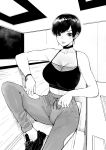  1girl bangs bare_shoulders bracelet breasts choker earrings english_commentary fishnets greyscale highres jewelry large_breasts looking_at_viewer midriff monochrome norman_maggot olive_laurentia original pants parted_lips pixie_cut shoes short_hair sitting sneakers swept_bangs 