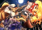  2girls armpits asymmetrical_eyes bamboo bamboo_forest bare_arms battle blue_skirt blurry_foreground bow chain clenched_hand commentary_request cuffs dress embers fire floating forest fujiwara_no_mokou full_moon furrowed_eyebrows gourd hair_bow hair_ribbon hands_in_pockets highres horns ibuki_suika layered_dress leg_lift long_hair looking_at_another low-tied_long_hair moon multiple_girls nature night ofuda open_mouth orange_hair outdoors pants pyramid_(geometry) red_eyes red_pants ribbon sachisudesu shackles shirt skirt sleeveless sleeveless_shirt suspenders torn_clothes torn_sleeves touhou very_long_hair white_hair white_shirt wrist_cuffs 