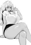  1girl bangle blonde_hair borrowed_character bracelet breasts commission commissioner_upload crossed_legs curvy dark_skin earrings eyebrows_visible_through_hair glasses greyscale gyaru heart heart_necklace highres hoop_earrings huge_breasts invisible_chair jewelry looking_at_viewer miniskirt mole mole_under_mouth monochrome navel norman_maggot original panties puckered_lips rimless_eyewear ring shiny shiny_skin side-tie_panties sitting skirt solo thick_thighs thighs underwear wedding_band white_background 
