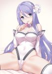  blue_eyes blush condom condom_wrapper detached_sleeves hairband holding holding_condom hoshino_shizuru leotard long_hair princess_connect! princess_connect!_re:dive purple_hair spread_legs sumaru_(sumarurist) white_leotard 