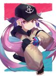  1girl anchor_symbol earrings fingerless_gloves gloves hair_ribbon hat highres hololive jacket jewelry long_hair looking_at_viewer minato_aqua multicolored_hair poke_ball pokemon pokemon_(game) portrait purple_eyes purple_hair ribbon serious simple_background solo twin_drils virtual_youtuber 