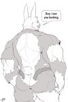  anthro butt clothing english_text facial_hair goatee hi_res janitor lagomorph leporid male mammal musctache muscular naruever rabbit solo story story_in_description text torn_clothing 