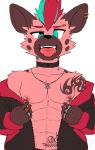  abs anthro clothing collar ear_piercing eyebrow_piercing facial_piercing hi_res hyaenid jacket jewelry male mammal manadezimon muscular muscular_male navel navel_piercing necklace nipple_piercing nipples open_jacket pecs piercing ring tongue tongue_out tongue_piercing topwear 