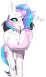  absurd_res anthro bat_pony black_sclera blue_eyes blush breasts clothing equid fan_character female food hair hi_res looking_at_viewer mammal membrane_(anatomy) membranous_wings multicolored_hair my_little_pony pewas pocky shirt simple_background solo t-shirt topwear white_body wings 