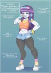  2019 absurd_res armlet black_sclera blue_eyes blue_tongue blush bottomwear bracelet breasts clothing crop_top cutoffs denim denim_clothing english_text female gradient_background hair hand_on_hip hi_res humanoid jewelry leggings legwear long_hair machine midriff navel nerdbayne nipple_outline not_furry open_mouth purple_hair robot shirt shorts signature simple_background sneakers solo standing text tongue topwear white_body 