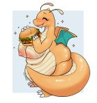  2019 anthro beef belly big_breasts bodily_fluids breasts burger chamonya cheese claws curvy_figure dairy_products dragonite eating eyes_closed female food fruit hi_res holding_food holding_object huge_breasts lettuce meat nintendo nipples obese overweight overweight_female plant pok&eacute;mon pok&eacute;mon_(species) saliva solo tomato video_games wide_hips wings 