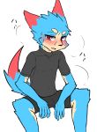  anthro blush bodily_fluids bulge domestic_cat felid feline felis hi_res male mammal manadezimon sitting solo sweat young 