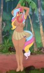  accessory aged_up anthro anthrofied big_breasts breasts brown_body clothed clothing cocaine-leopard cutie_mark dancing equid equine female flower flower_in_hair grass_skirt hair hair_accessory hi_res horse hula lei mammal mane moki_(mlpt) multicolored_mane multicolored_tail my_little_pony my_little_pony_tales one_eye_closed plant pony solo topless wide_hips 