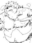  anthro belly belly_jiggle black_and_white blush bodily_fluids breath canid canine canis clothed clothing domestic_dog fur inugokudo male mammal monochrome necktie open_mouth overweight overweight_male panting running simple_background solo sweat white_background 